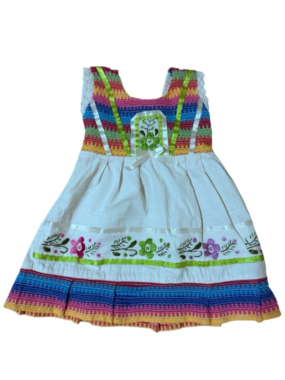 White Dress with Rainbow Trim & Floral Embroidery - Kids Casual Dress